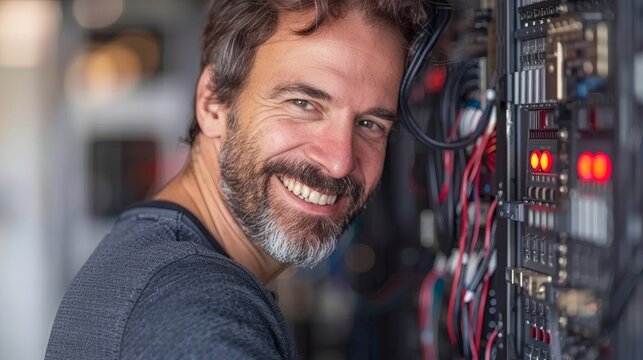 Confident technician smiling while working on a complex network server, showcasing tech expertise