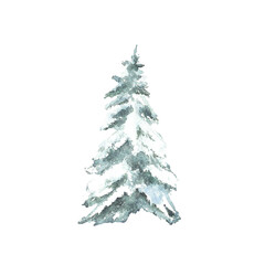 Snowy winter Christmas fir. Spruce tree snow covered. Hand painted watercolor illustration isolated element from background. Clipart for seasonal holiday design of Xmas card, poster, label, pattern.