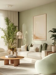 Fototapeta premium Modern Living Room Decor Featuring Neutral Tones and Greenery