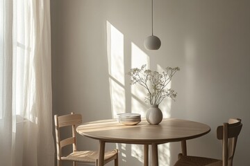 Minimalist dining room with wooden furniture and a sunlit window
