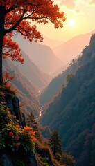 Muted orange hues creep through the foggy valley, foliage, branches, sunrise