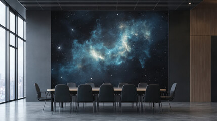 Cosmic Conference Room: A mesmerizing nebula mural transforms a modern conference room, inspiring creativity and innovation. The dark blue and teal hues create a calming yet stimulating atmosphere. 