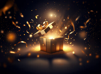 A golden gift box bursts open, revealing a radiant light and celebratory confetti.  Magic and wonder fill the scene.
