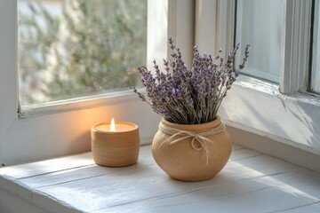 Lavender in a vase near a candle on a windowsill