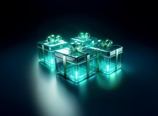 Four luminous teal gift boxes with gold ribbons glow on a dark surface, reflecting light.  A sense of mystery and wonder is evoked.