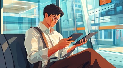 A handsome Asian man is sitting on the subway seat, wearing glasses and holding an iPad in his hand to watch digital video content
