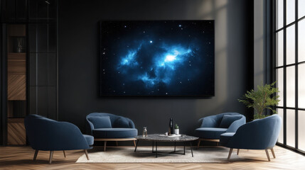 Cosmic Canvas: A captivating nebula artwork in vibrant blue hues adorns a modern living room, adding a touch of celestial wonder to the interior design.  