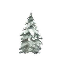 Spruce tree snow covered. Snowy winter Christmas fir. Hand painted watercolor illustration isolated object from background. Clipart for seasonal holiday design of Xmas card, poster, label, pattern.