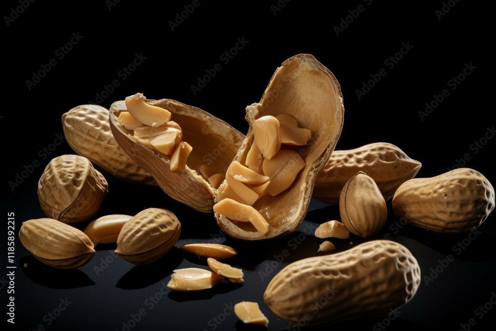 Poster close up of peanuts showing open shells with delicious nuts inside, creating an enticing image on a 