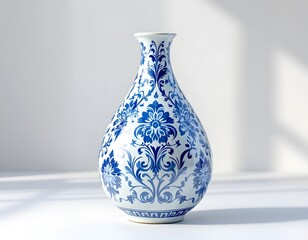Elegant Blue and White Porcelain Vase:  Floral Damask Design