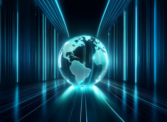 A glowing glass Earth sits at the vanishing point of a futuristic, teal-lit corridor.  The scene evokes themes of global connection and technological advancement.