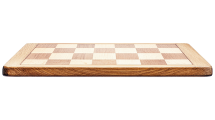 Wooden chessboard on a black background, displaying a classic checker pattern.