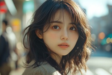 Obraz premium Young woman with windblown hair in urban city evening