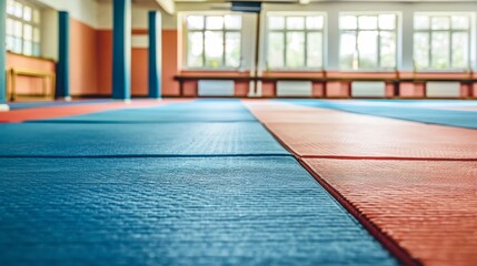 Traditional blue and red tatami mats in a martial arts hall, perfect for text background design.