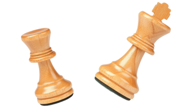 Two wooden chess pieces on a black background.