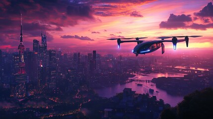 Futuristic urban escape featuring EVTOL electric vertical