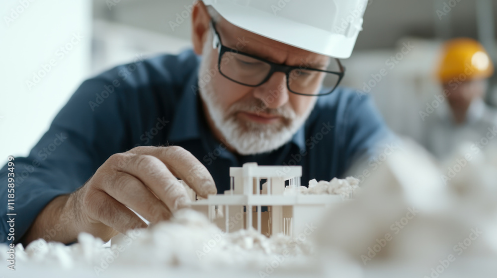 Poster structural engineer examines detailed model of building, showcasing precision and focus in his work.