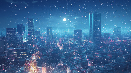 Obraz premium 雪降る冬の美しい都会の夜景、都市の煌めきが美しいイラスト。満天の星空と月。背景,アニメ,アジア,幻想的