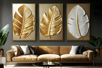 Golden Leaf Wall Decor Enhances Living Room Aesthetic Beautifully