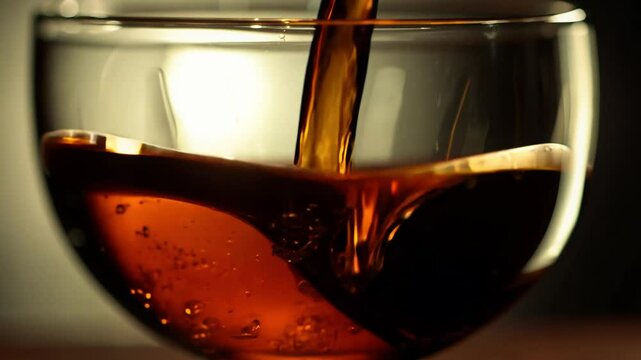 Medium, establishing side lit video with a 50mm lens, brown rum liquid grows as it pours into a snifter glass with a dark wooden shelf