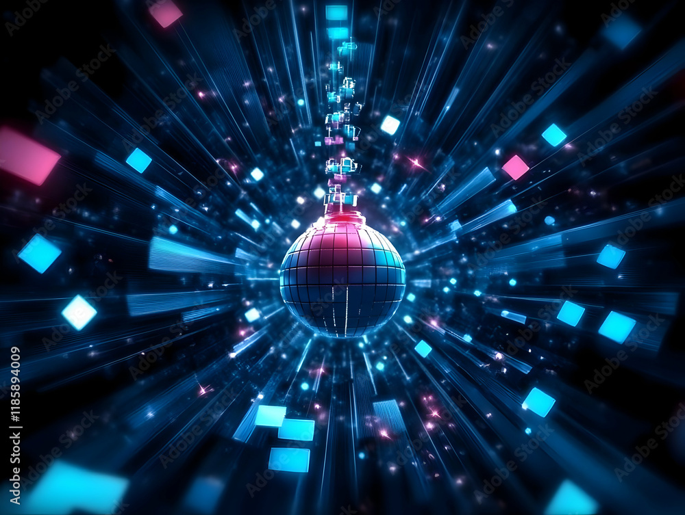 Poster abstract sphere emits light beams and cubes dynamically in space