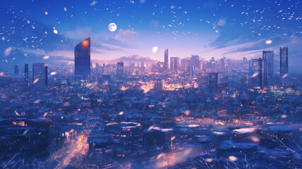 Obraz premium 雪降る冬の美しい都会の夜景、都市の煌めきが美しいイラスト。満天の星空と月。背景,アニメ,アジア,幻想的
