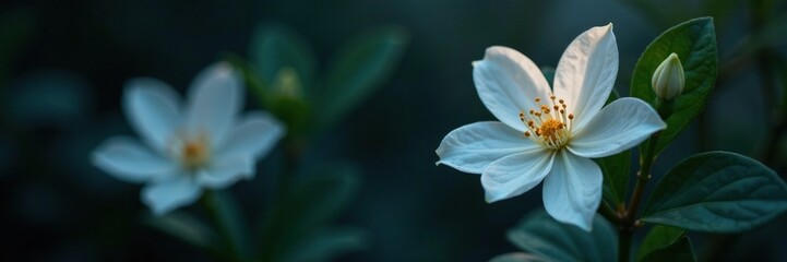 Fototapeta premium Softly glowing white jasmine petals against a dark background, glow, mysterious