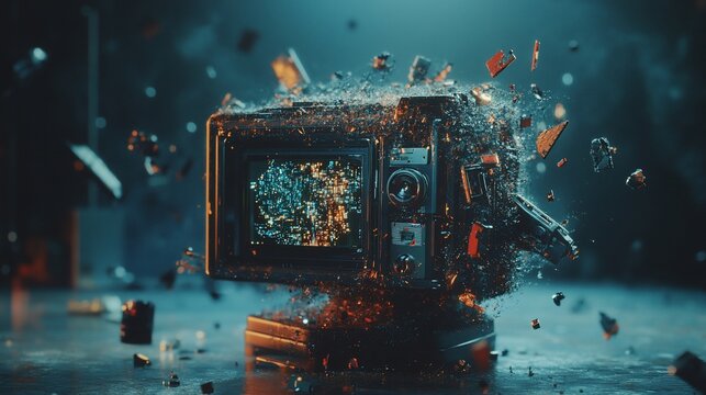 Digital Decay: A Retro Television Imploding in a Cyberpunk Spectacle