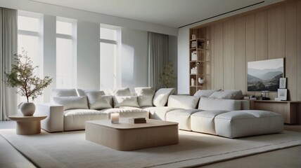 Fototapeta premium showcases a modern, minimalist living room with a clean and elegant design. The layout features a large, white sectional sofa adorned with matching white cushions, positioned against a plain white 