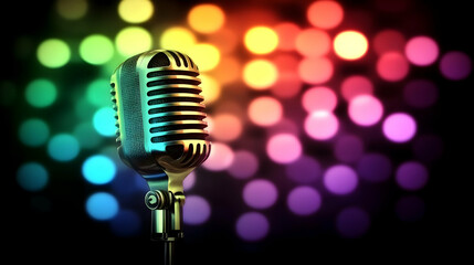 Vintage Microphone Shines Brightly Under Colorful Bokeh Lights