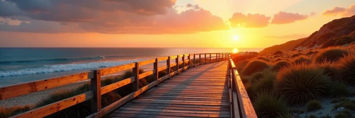 Obraz premium The wooden boardwalk is bathed in soft golden light as the sun rises over the sea, sunrise, beachy path,