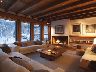 Fototapeta premium Cozy Living Room With Fireplace And Snowy View