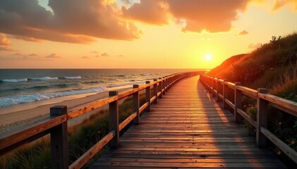 Obraz premium The wooden boardwalk is bathed in soft golden light as the sun rises over the sea, calm scene, golden hour