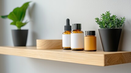 A minimalist shelf displays amber bottles and small potted plants, creating a serene and stylish aesthetic for a modern space.