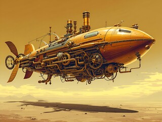 Steampunk UFO with gears and pipes in sepia tones