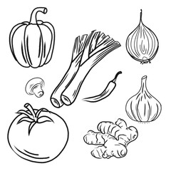 Monochrome sketch-style illustration featuring an assortment of vegetables and spices, including peppers, leeks, garlic, onions, tomatoes, mushrooms, ginger, and chili pepper. 