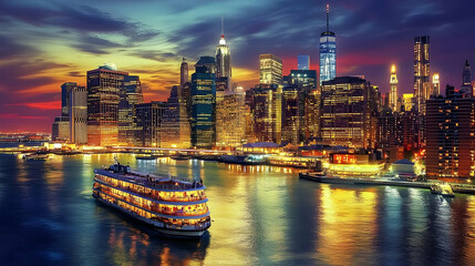 Obraz premium City Lights Reflect on Water with Boat at Sunset