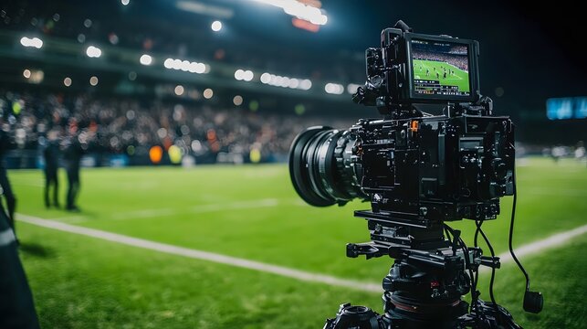 Professional broadcast camera setup at a sports stadium, capturing the field in sharp focus with a blurred crowd in the background, highlighting technology, precision, and live event broadcasting