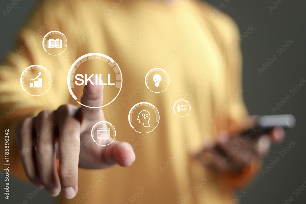 Poster skill concept. work performance is influenced by skills, abilities, and competence. person touching 