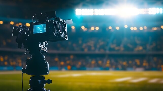 Professional broadcast camera setup at a sports stadium, capturing the field in sharp focus with a blurred crowd in the background, highlighting technology, precision, and live event broadcasting