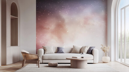 Cosmic Dreams: A modern living room interior features a stunning galaxy-inspired wallpaper, evoking a sense of wonder and tranquility.
