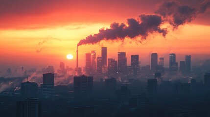 Obraz premium City Skyline with Air Pollution, Depicting Global Warming Issues