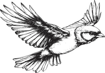 Ink sketch of a bird in flight with detailed wings.