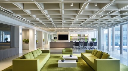 Modern office lobby, sofas, meeting room, city view, workspace design