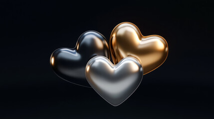 Floating metallic hearts in brushed gold, silver, and black create striking visual. These elegant shapes symbolize love and connection, perfect for various design themes