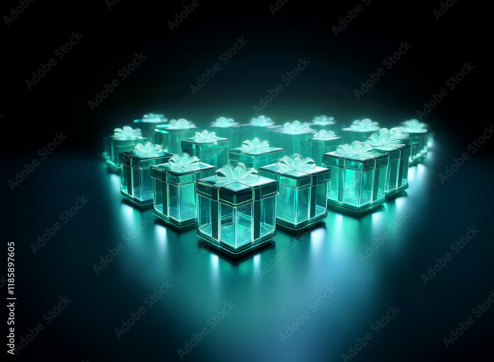Poster glowing teal presents arranged in a heart shape on a dark reflective surface. a captivating display 