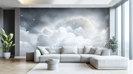 Celestial Dreamscape Wall Mural: Transform your living space into a serene haven with this dreamy clouds and moon wall mural. Perfect for bedrooms, living rooms.