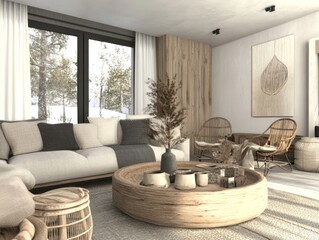 Fototapeta premium Modern Minimalist Living Room Winter Scene Design