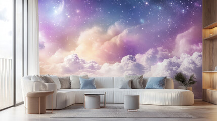 Celestial Dreamscape Mural: Transform your living space into a serene haven with this dreamy wall mural, featuring a breathtaking panorama of pastel clouds and a sparkling night sky.