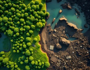 Aerial View Lush Forest Vs Polluted Land Environmental Impact